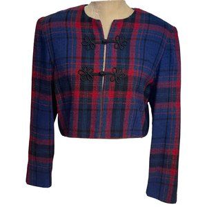 Talbots Womens Tweed Suit Size 10 Blazer Jacket Blue Red Preppy Crop Vintage